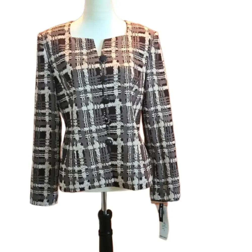 80s Danillo Plaid Houndstooth Pattern Career Blazer Women's 6 Cream & Brown